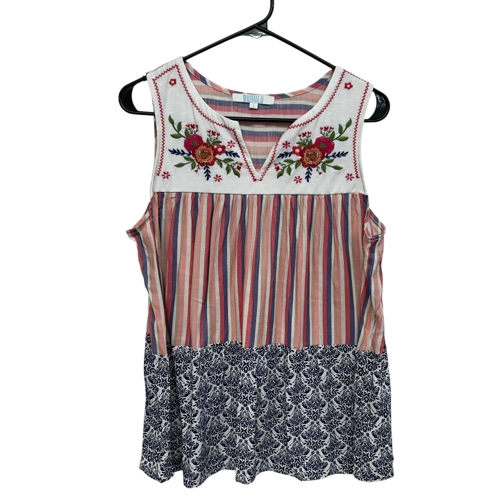 Boho Embroidered Mixed Print Tank Top L Indie Festival Artisan Folk Whimsical